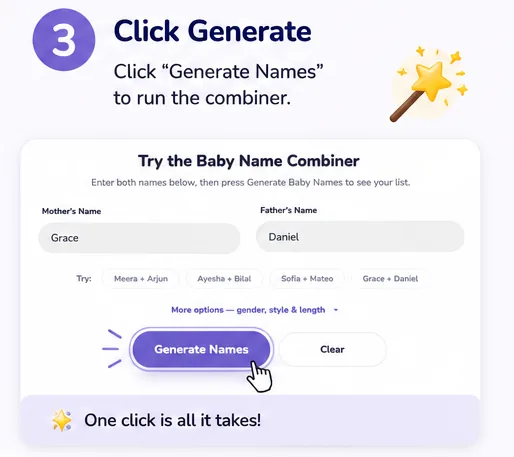Click Generate to run the baby name combiner and see blended results