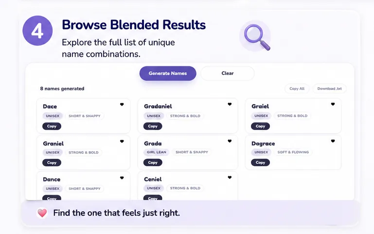 Browse the full list of blended baby name results and save your favorites